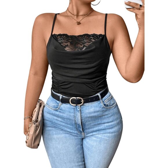 Women's Plus Size Lace Trim Ruched Cami Top Spaghetti Strap Draped Front - Picture 6 of 6